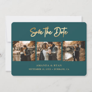 Modern Teal and Gold Foil Wedding 3 Photo Save The Date