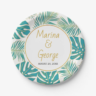 Modern teal and gold tropical leaves wedding paper plate