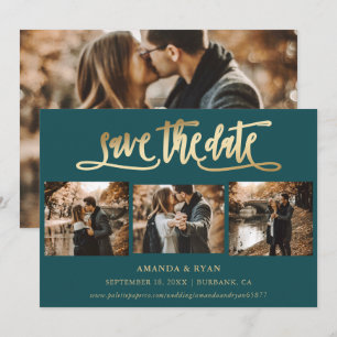 Modern Teal and Gold Wedding 4 Photo Save The Date