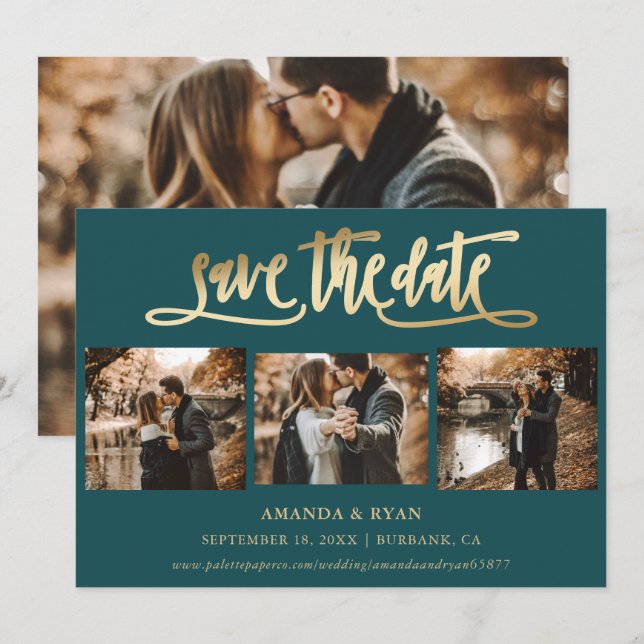 Modern Teal and Gold Wedding 4 Photo Save The Date (Front/Back)