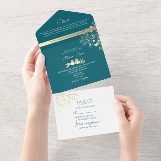 Modern Teal and Gold Wedding All In One Invitation (Tearaway)