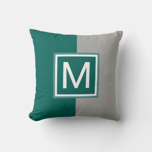 Modern Teal and Grey Monogrammed Throw Pillow