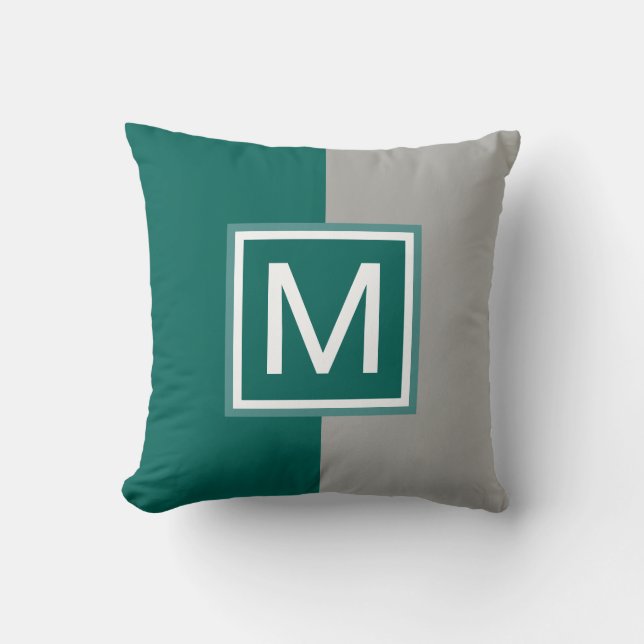 Modern Teal and Grey Monogrammed Throw Pillow (Front)