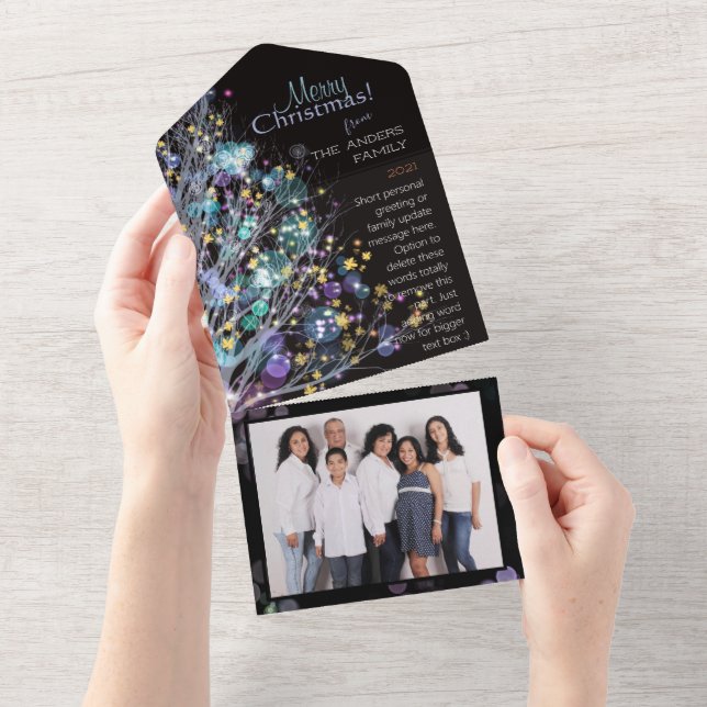 modern teal and lavender chrstmas tree on black all in one invitation (Tearaway)