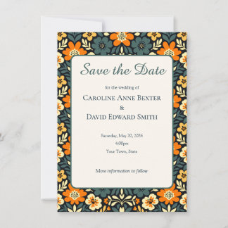 Modern Teal and Orange Floral Design Save the Date