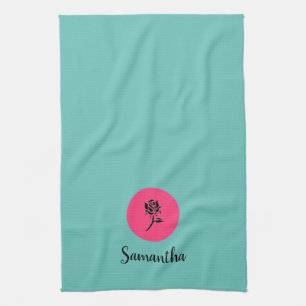 Modern Teal and Pink Rose Kitchen Towel