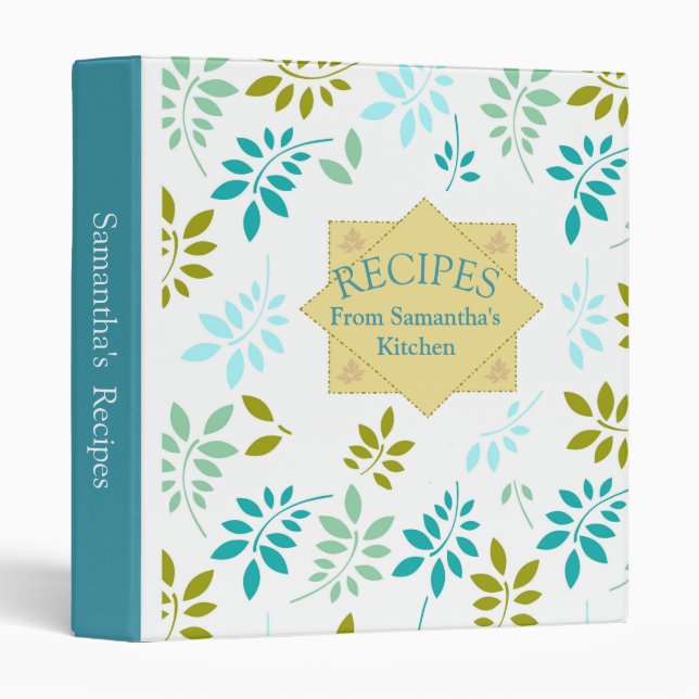 Modern Teal And White Leaf Pattern Recipe Cookbook Binder (Front/Spine)