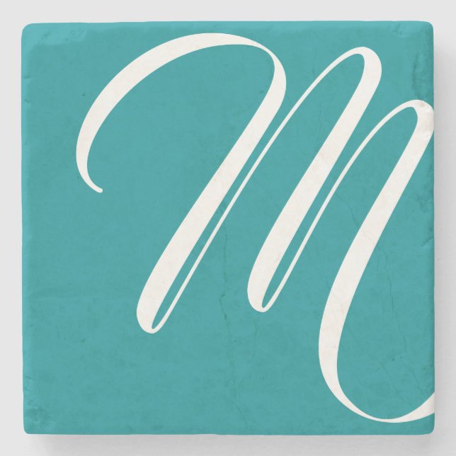Modern Teal And White Script Monogram Stone Coaster (Front)