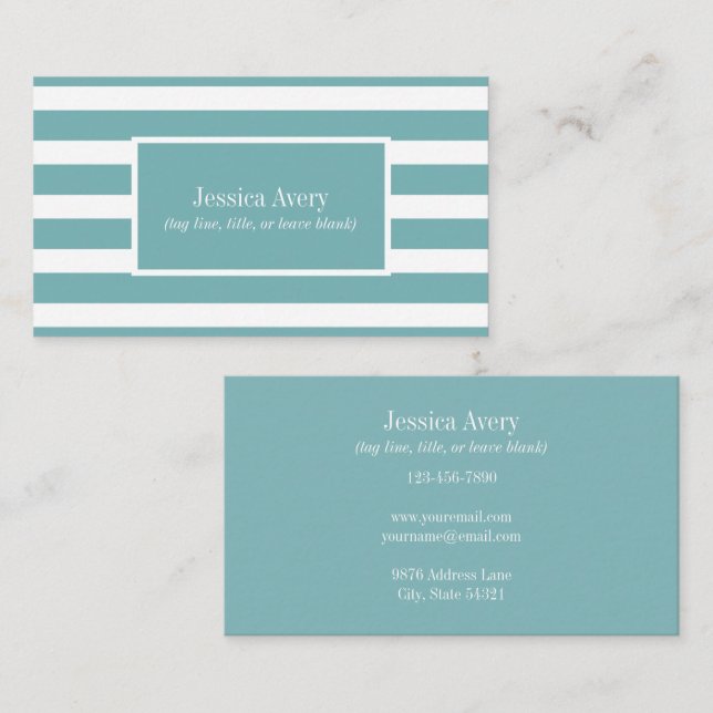Modern Teal and White Stripes Monogram Name Business Card (Front/Back)