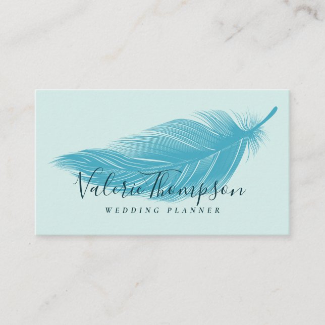 Modern teal aqua blue chic elegant boho feather business card (Front)