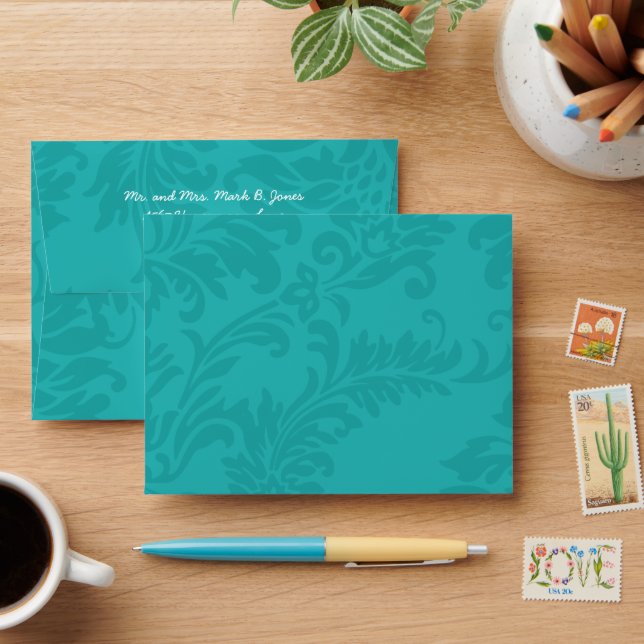 Modern Teal Aqua Blue Damask Wedding Invite Envelopes (Desk)