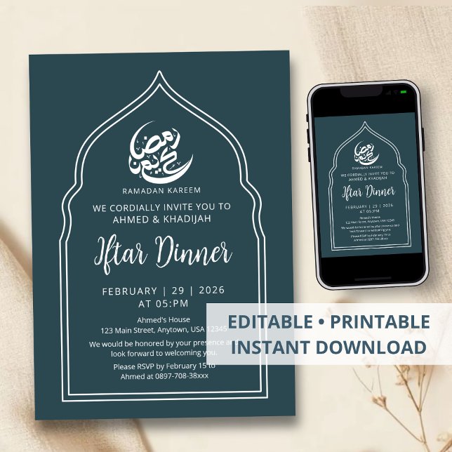 Modern Teal Arch Ramadan Iftar Dinner Invitation (Créateur téléchargé)