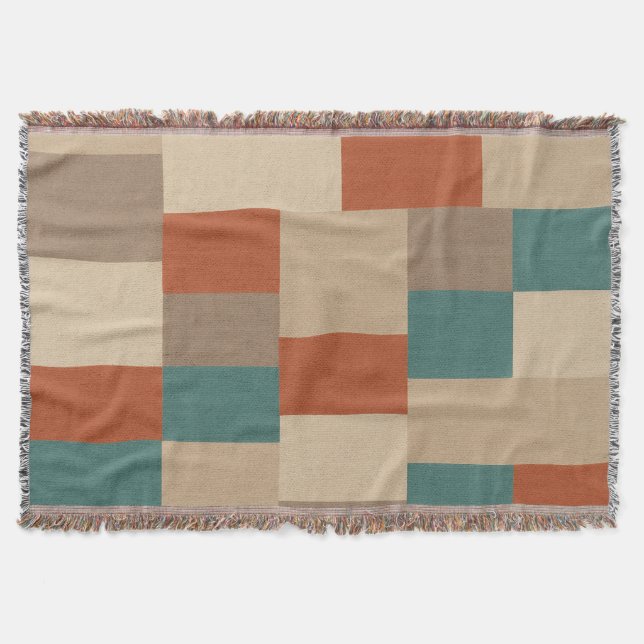 Modern Teal & Beige Geometric Blocks Throw Blanket (Front)