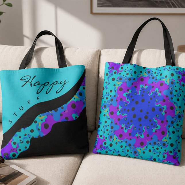 Modern Teal Black And Purple Wave Tote Bag (Teal, purple and blue with black dots and custom words make this bag fun to carry around anywhere.)