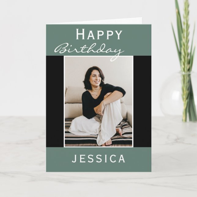 Modern Teal Black Photo Happy Birthday Card (Front)