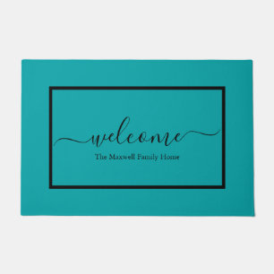 Modern teal black script family name welcome  doormat