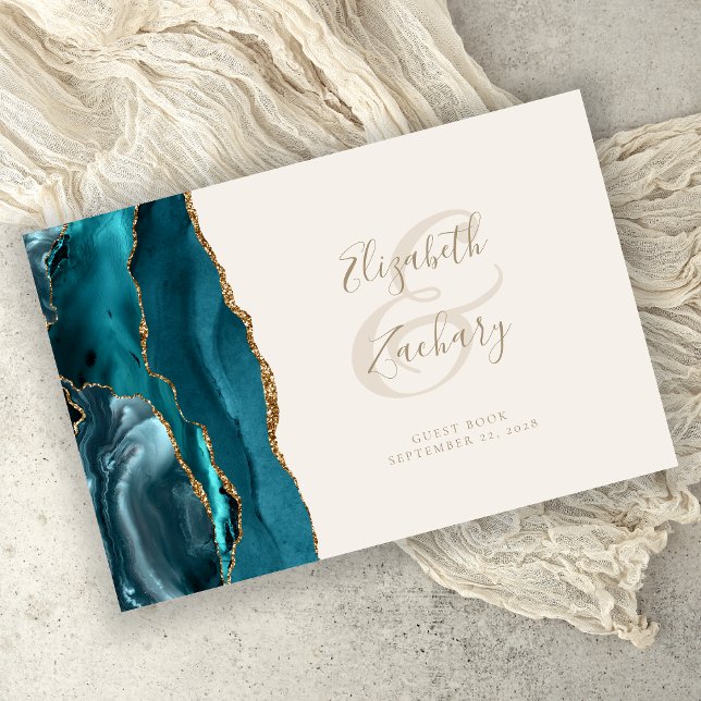 Modern Teal Blue Agate Ivory Gold Script Guest Book (Creator Uploaded)
