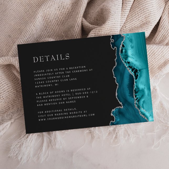 Modern Teal Blue Agate Silver Dark Wedding Details Enclosure Card (Creator Uploaded)