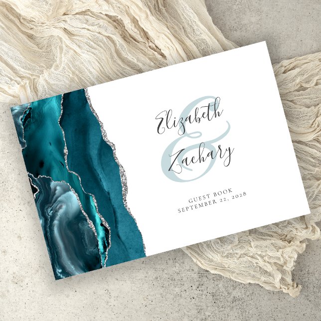 Modern Teal Blue Agate Silver Script Guest Book (Creator Uploaded)