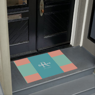 Modern Teal, Blue, and Coral Pink Family Monogram Doormat