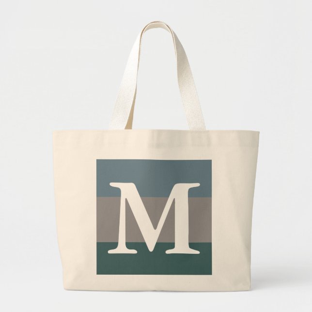Modern Teal Blue and Grey Colour Block Monogram Large Tote Bag (Front)