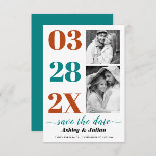 Modern teal blue and rust typography two photo save the date
