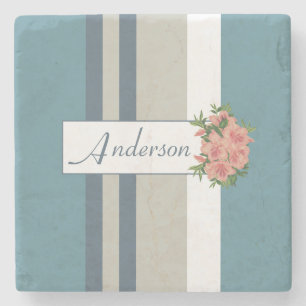Modern Teal Blue and Tan Striped Floral Stone Coaster