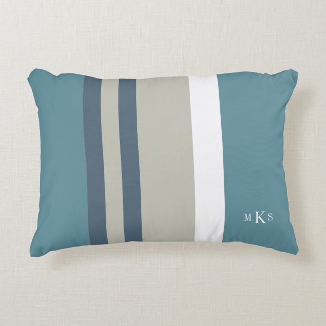 Modern Teal Blue and Tan Striped Personalized Accent Pillow (Front)