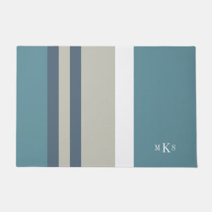 Modern Teal Blue and Tan Striped Personalized Doormat