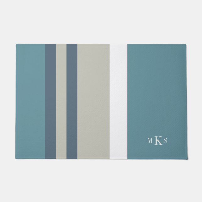 Modern Teal Blue and Tan Striped Personalized Doormat (Front)