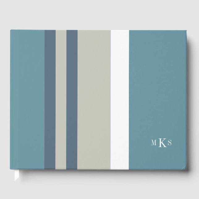 Modern Teal Blue and Tan Striped Personalized Guest Book (Front)