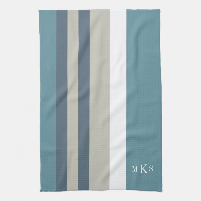 Modern Teal Blue and Tan Striped Personalized Kitchen Towel (Vertical)