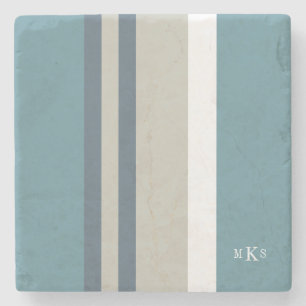 Modern Teal Blue and Tan Striped Personalized Stone Coaster