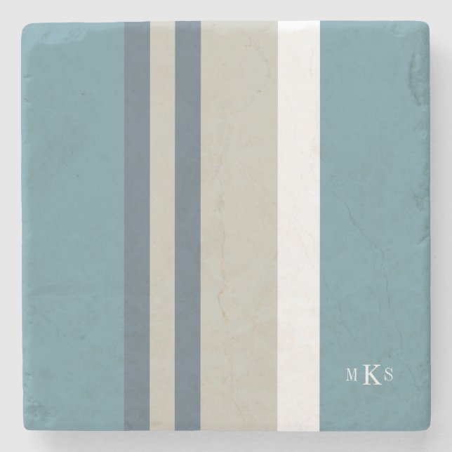 Modern Teal Blue and Tan Striped Personalized Stone Coaster (Front)