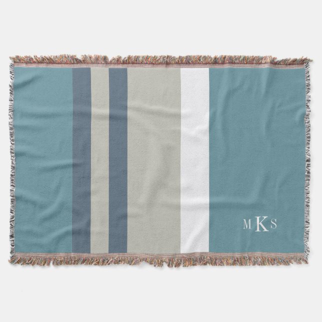 Modern Teal Blue and Tan Striped Personalized Throw Blanket (Front)