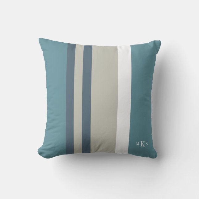 Modern Teal Blue and Tan Striped Personalized Throw Pillow (Front)
