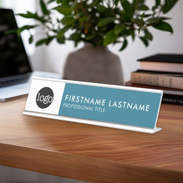 Modern Teal Blue and White - Add Logo, Name, Title Desk Name Plate (Personalized Professional Name Plate)