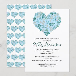 Modern Teal Blue Botanical Heart Boy Baby Shower Invitation