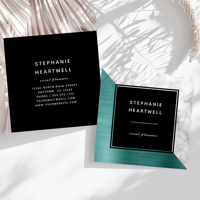 Modern Teal Blue Brushed Metal White Marble Black Square Business Card (Creator Uploaded)