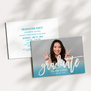 Modern Teal Blue Brushed Script Graduate Photo Invitation