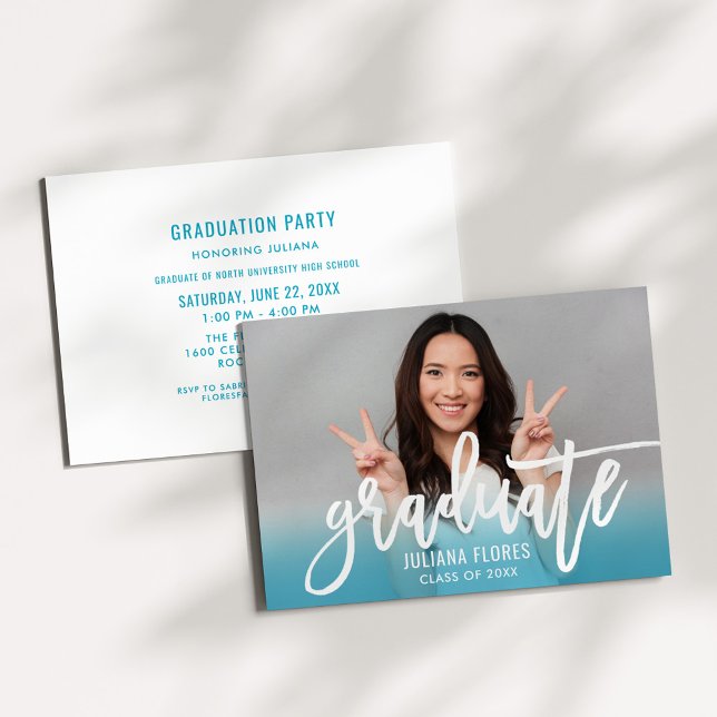 Modern Teal Blue Brushed Script Graduate Photo Invitation (Creator Uploaded)