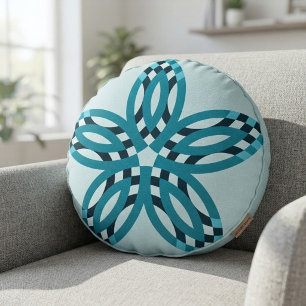 Modern Teal Blue Geometric Star Flower Custom Round Pillow