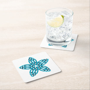 Modern Teal Blue Geometric Star Flower Custom Square Paper Coaster