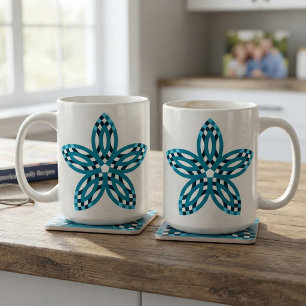 Modern Teal Blue Geometric Star Flower Custom Two-Tone Coffee Mug