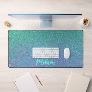 Modern Teal Blue Glitter Ombre Personalized Desk Mat