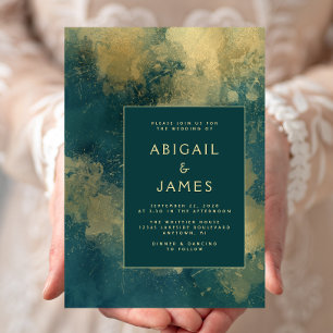 Modern Teal Blue Gold Abstract Wedding Invitation