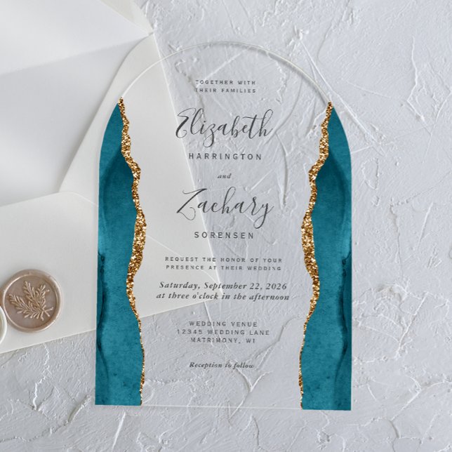 Modern Teal Blue Gold Agate Arch Wedding Acrylic Invitations (Creator Uploaded)