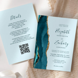 Modern Teal Blue Gold Agate QR Code Wedding Invitation