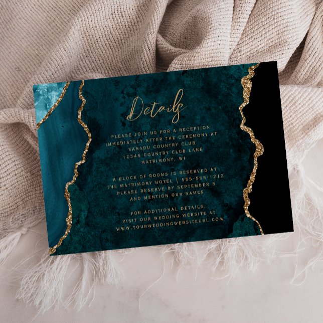 Modern Teal Blue Gold Agate Script Wedding Details Enclosure Card (Creator Uploaded)