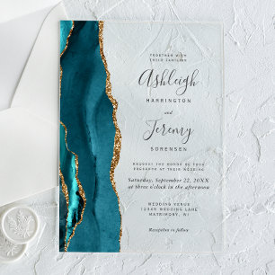 Modern Teal Blue Gold Agate Wedding Acrylic Invitations